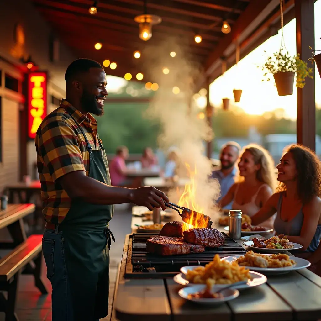 Пейзаж с барбекю на улице, где люди наслаждаются музыкой и теплой атмосферой южных штатов.
