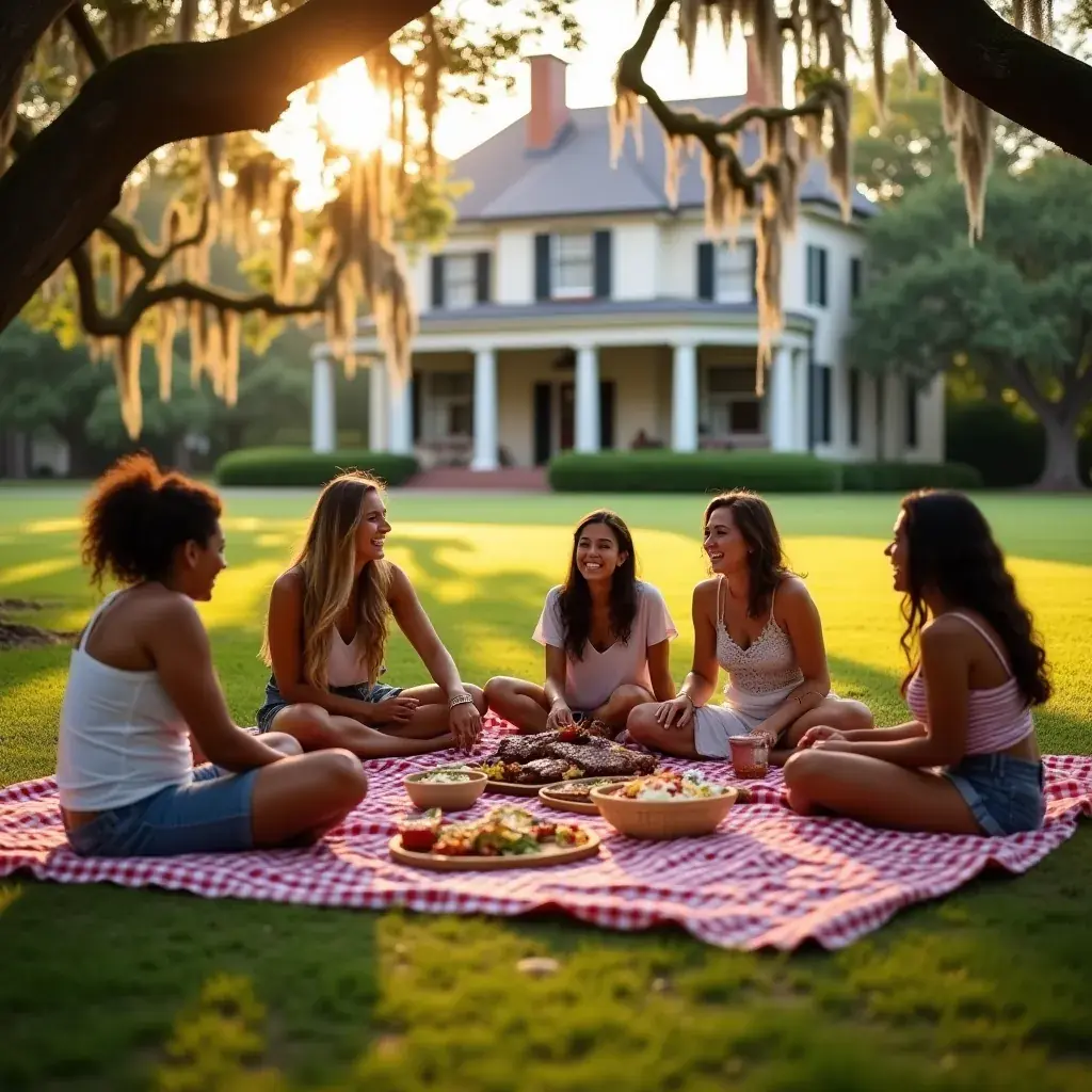 Пейзаж с барбекю на заднем дворе, где греются гости, наслаждаясь музыкой и атмосферой южных штатов.